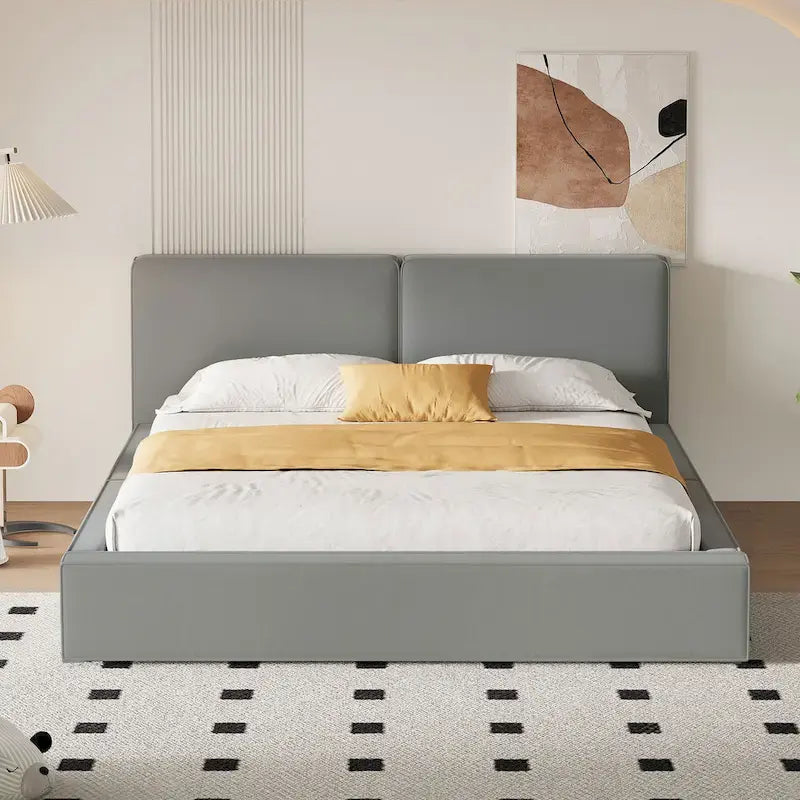 Cadre de lit plateforme Queen Size avec tête de lit capitonnée en velours doux, gris moderne