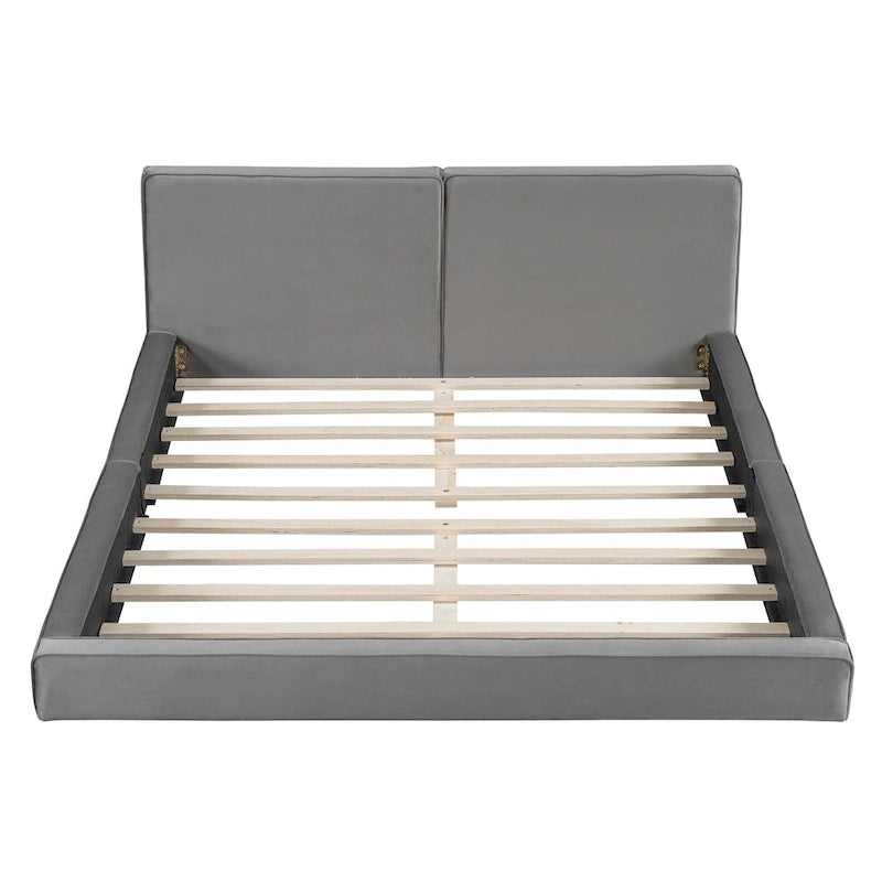Cadre de lit plateforme Queen Size avec tête de lit capitonnée en velours doux, gris moderne