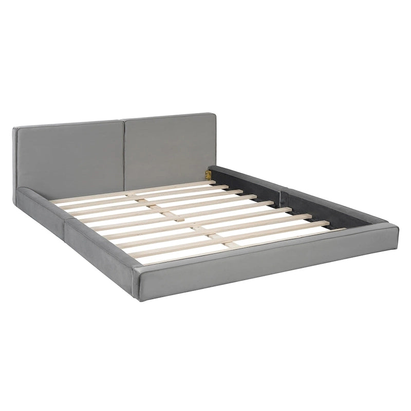 Cadre de lit plateforme Queen Size avec tête de lit capitonnée en velours doux, gris moderne