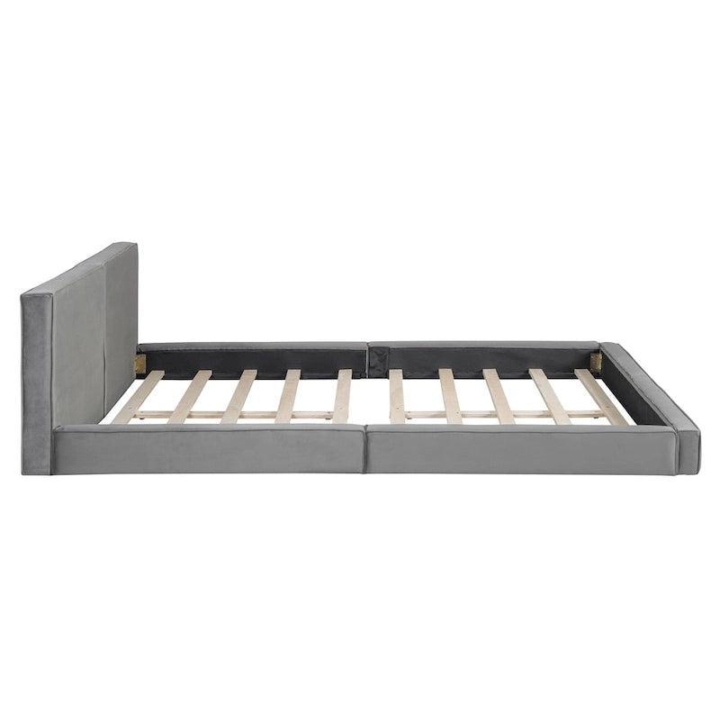 Cadre de lit plateforme Queen Size avec tête de lit capitonnée en velours doux, gris moderne