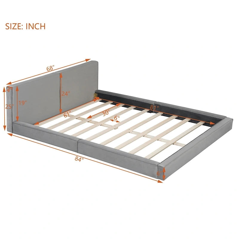 Cadre de lit plateforme Queen Size avec tête de lit capitonnée en velours doux, gris moderne