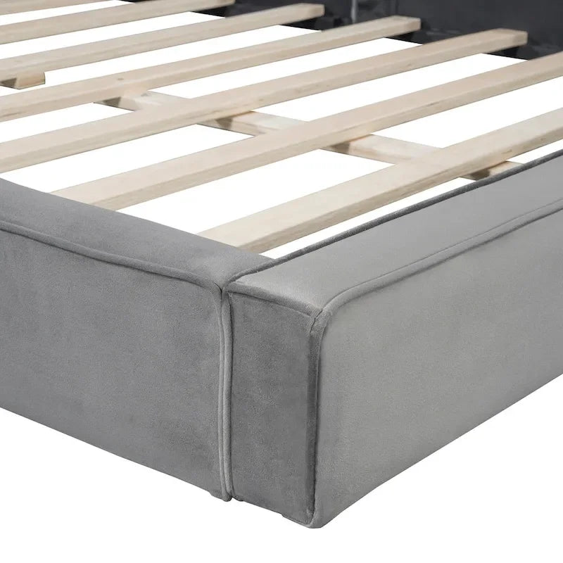 Cadre de lit plateforme Queen Size avec tête de lit capitonnée en velours doux, gris moderne