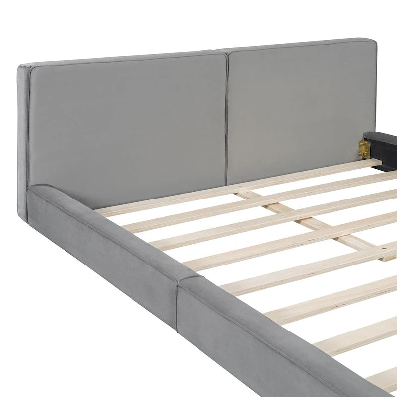 Cadre de lit plateforme Queen Size avec tête de lit capitonnée en velours doux, gris moderne