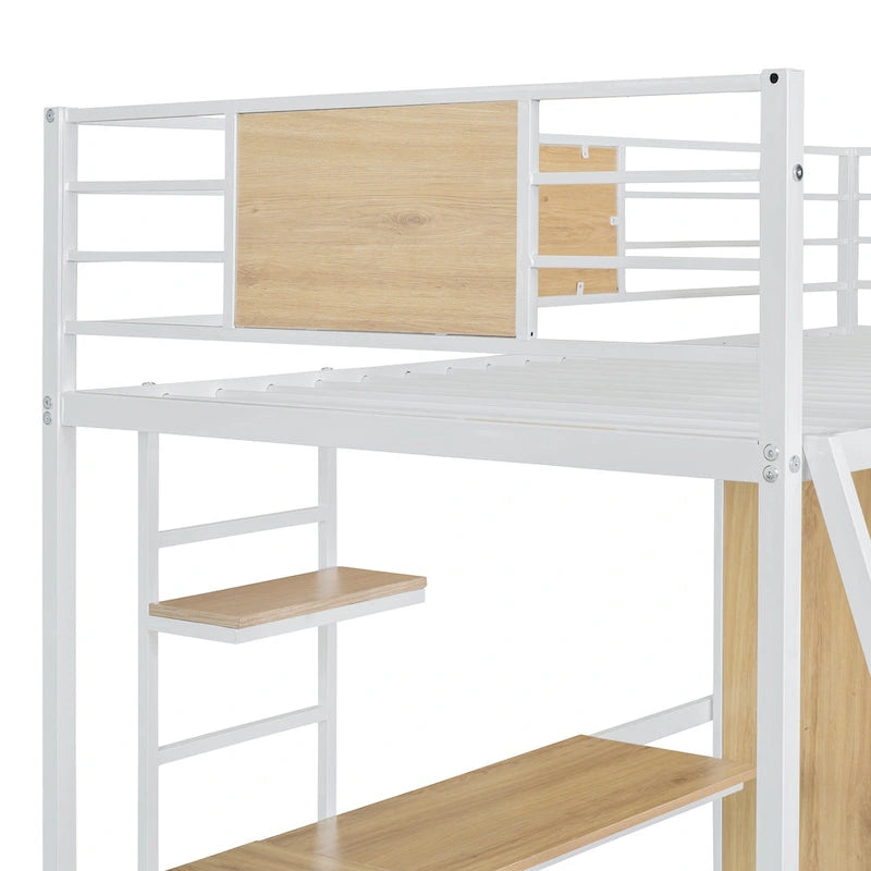 Lit mezzanine en métal blanc et bois avec bureau en L intégré et armoire de rangement