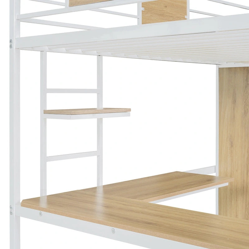 Lit mezzanine en métal blanc et bois avec bureau en L intégré et armoire de rangement