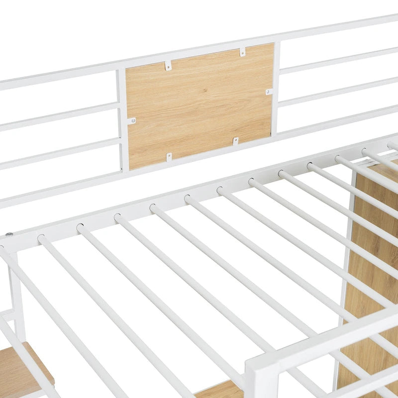 Lit mezzanine en métal blanc et bois avec bureau en L intégré et armoire de rangement