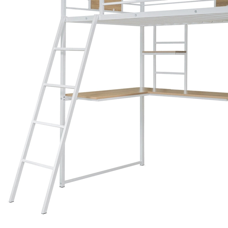 Lit mezzanine en métal blanc et bois avec bureau en L intégré et armoire de rangement
