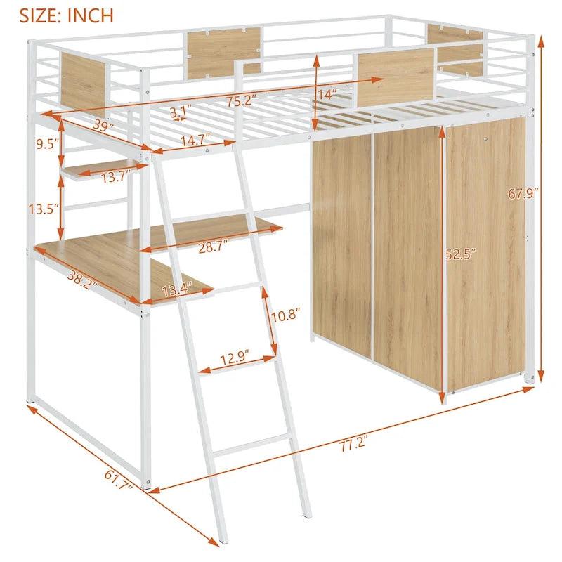 Lit mezzanine en métal blanc et bois avec bureau en L intégré et armoire de rangement