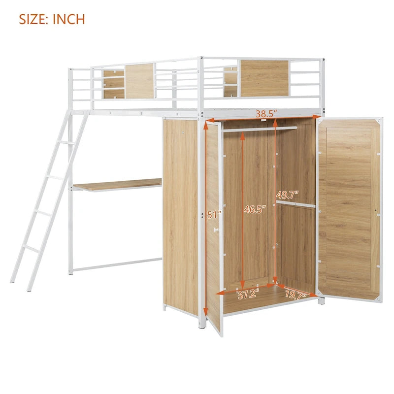 Lit mezzanine en métal blanc et bois avec bureau en L intégré et armoire de rangement