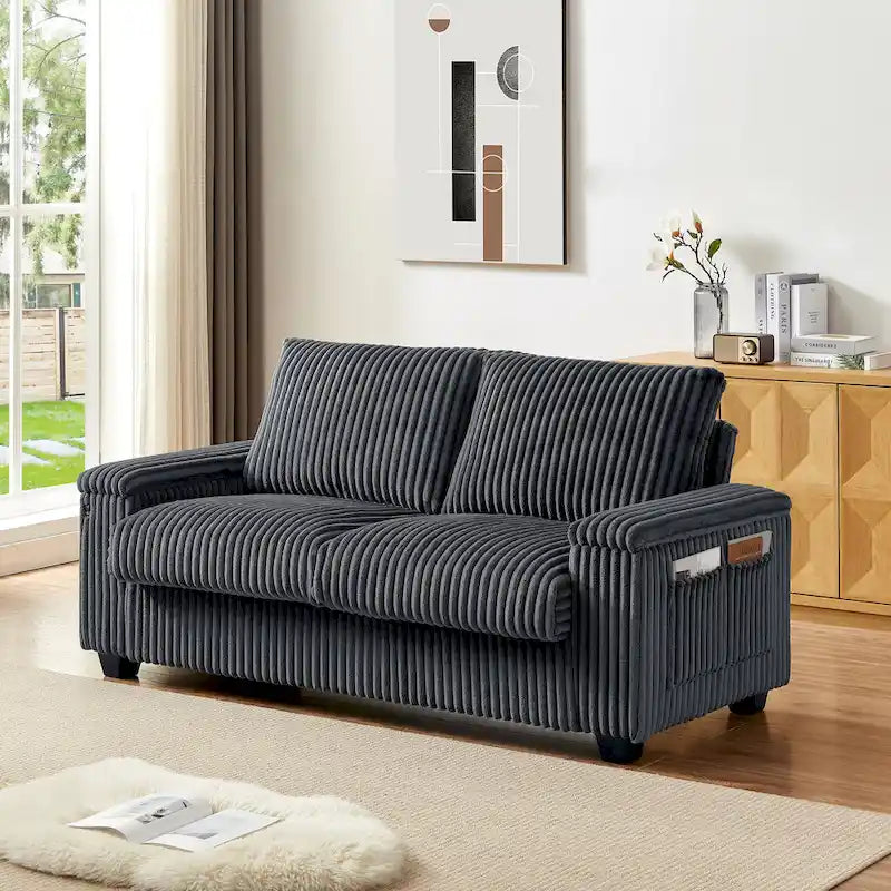 Canapé deux places en velours côtelé gris foncé avec accoudoirs de rangement et port USB