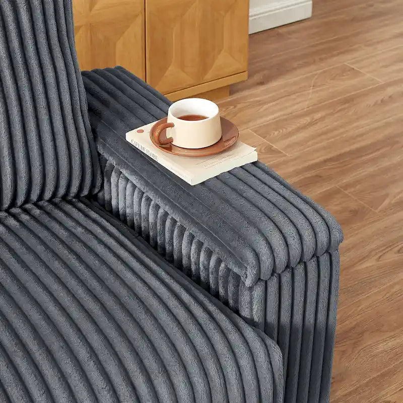 Canapé deux places en velours côtelé gris foncé avec accoudoirs de rangement et port USB