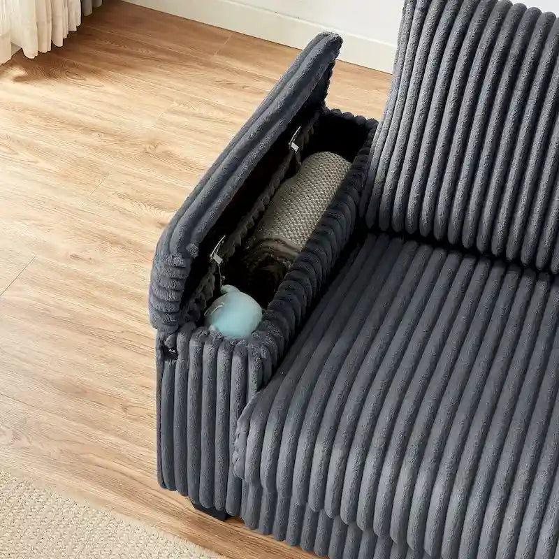 Canapé deux places en velours côtelé gris foncé avec accoudoirs de rangement et port USB