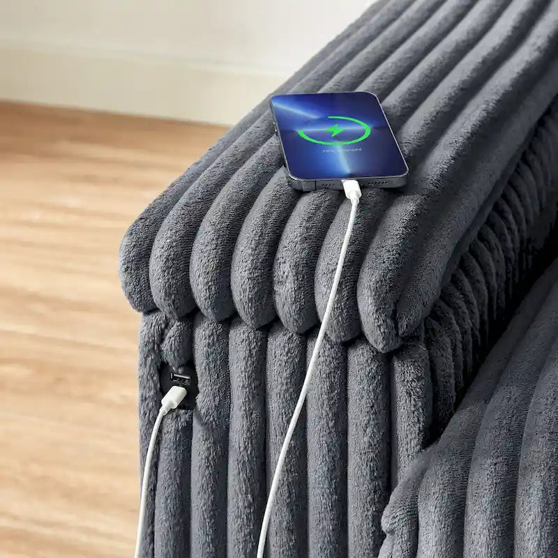 Canapé deux places en velours côtelé gris foncé avec accoudoirs de rangement et port USB