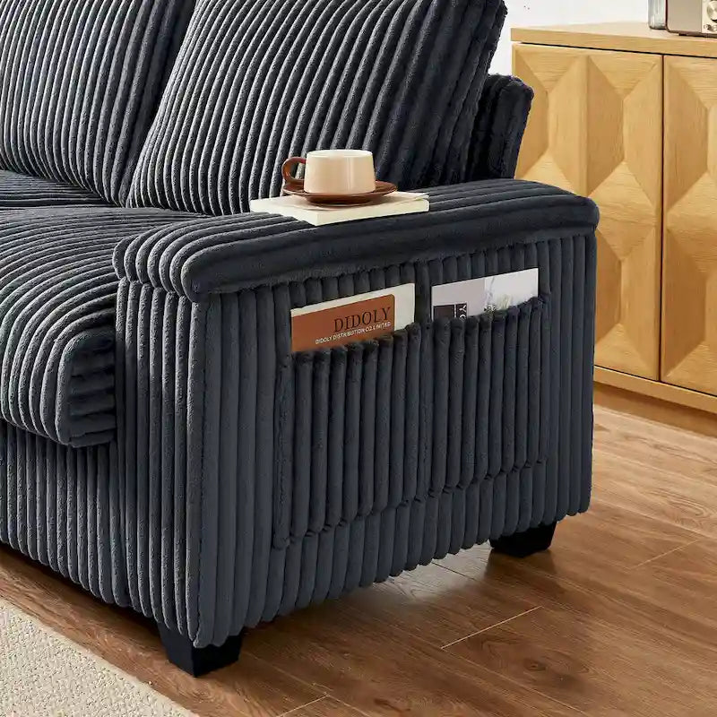 Canapé deux places en velours côtelé gris foncé avec accoudoirs de rangement et port USB