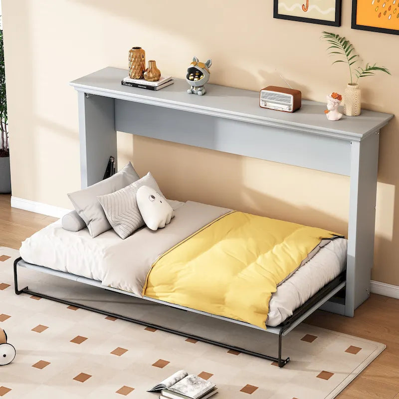 Lit escamotable mural gris avec bureau et rangement intégrés