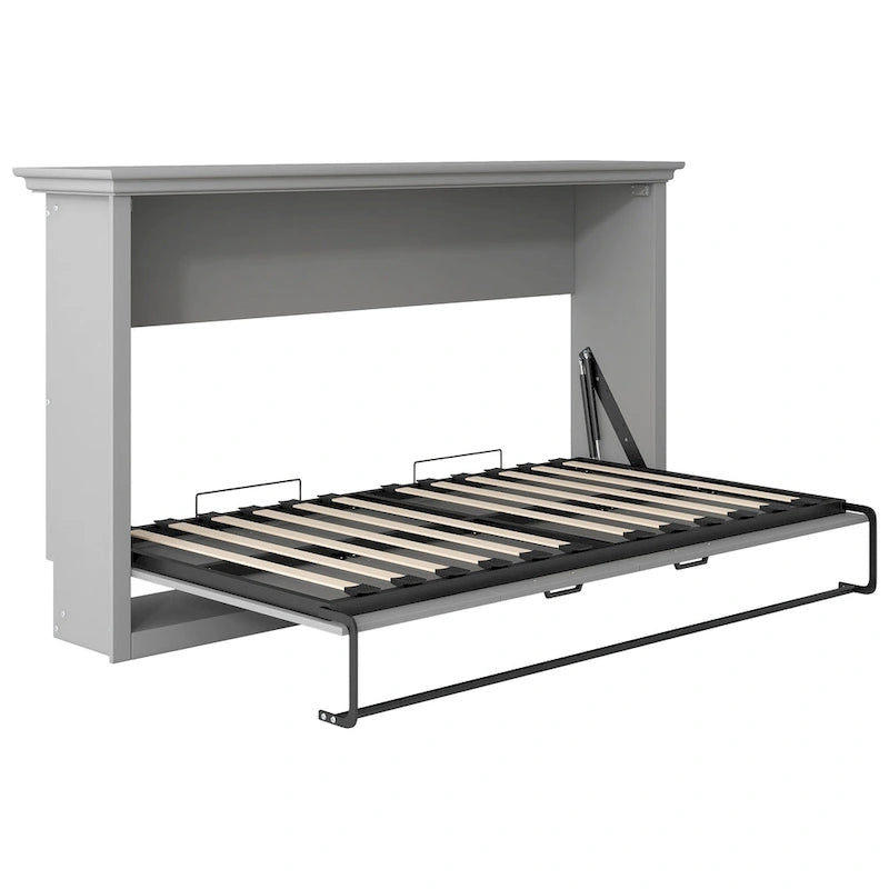 Lit escamotable mural gris avec bureau et rangement intégrés