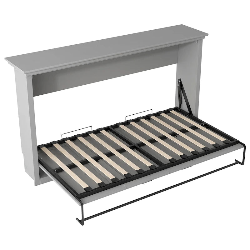 Lit escamotable mural gris avec bureau et rangement intégrés