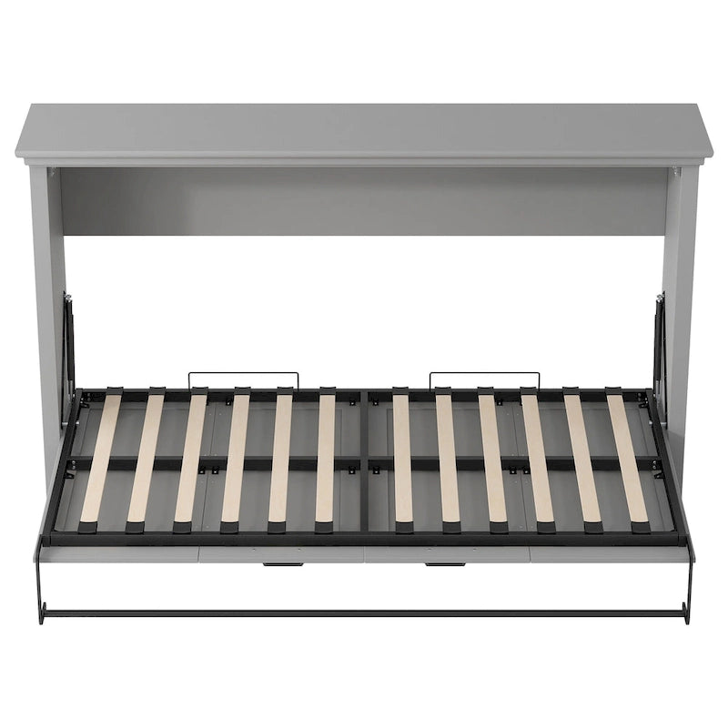 Lit escamotable mural gris avec bureau et rangement intégrés