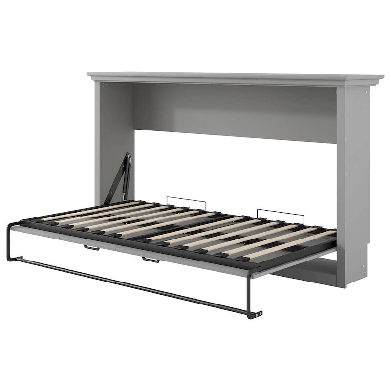 Lit escamotable mural gris avec bureau et rangement intégrés