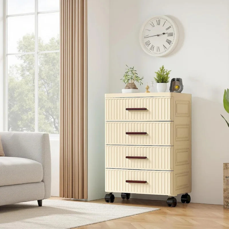 Meuble de rangement à tiroirs en plastique avec roulettes et poignées beige