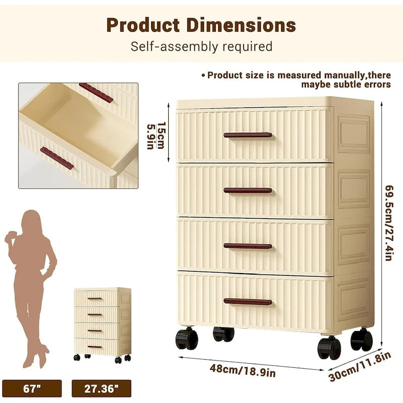 Meuble de rangement à tiroirs en plastique avec roulettes et poignées beige