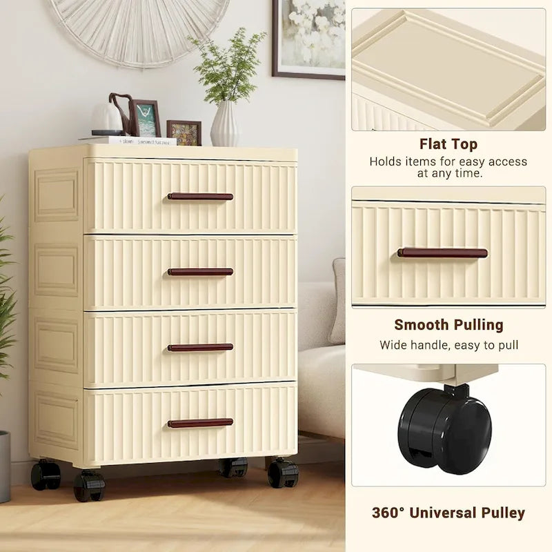 Meuble de rangement à tiroirs en plastique avec roulettes et poignées beige