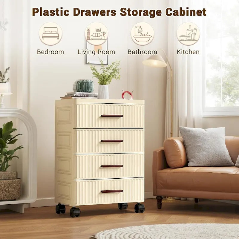 Meuble de rangement à tiroirs en plastique avec roulettes et poignées beige