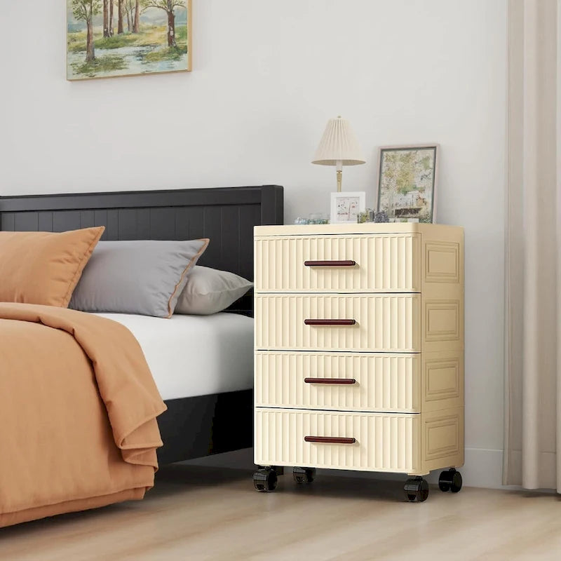 Meuble de rangement à tiroirs en plastique avec roulettes et poignées beige