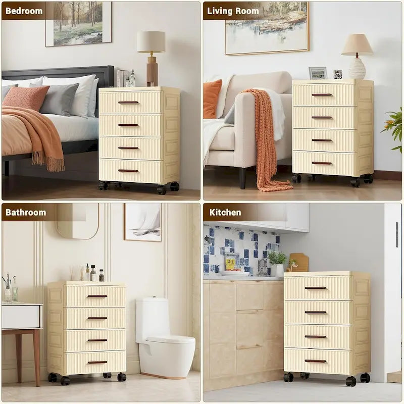 Meuble de rangement à tiroirs en plastique avec roulettes et poignées beige