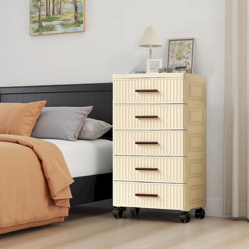 Meuble de rangement à tiroirs en plastique avec roulettes et poignées beige