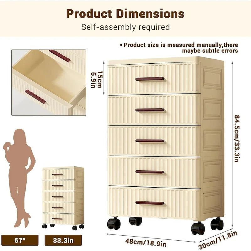 Meuble de rangement à tiroirs en plastique avec roulettes et poignées beige