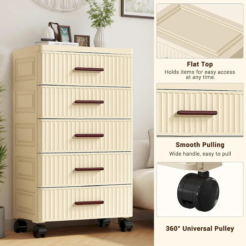 Meuble de rangement à tiroirs en plastique avec roulettes et poignées beige
