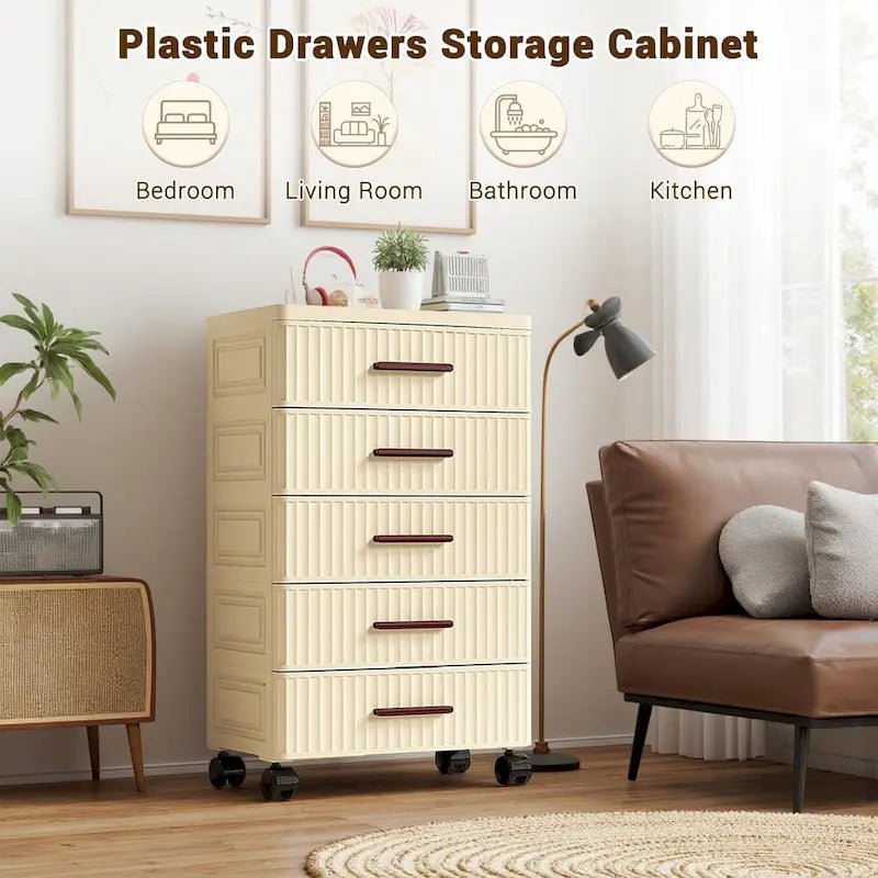 Meuble de rangement à tiroirs en plastique avec roulettes et poignées beige