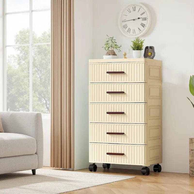Meuble de rangement à tiroirs en plastique avec roulettes et poignées beige