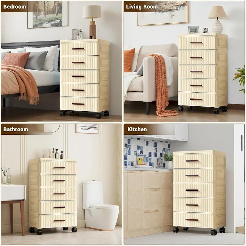 Meuble de rangement à tiroirs en plastique avec roulettes et poignées beige