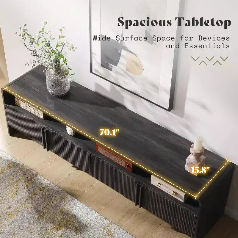 Meuble TV moderne AMERLIFE 70 avec design cannelé et armoires de rangement, pour téléviseurs jusqu'à 80 pouces, meuble TV en bois pour salon