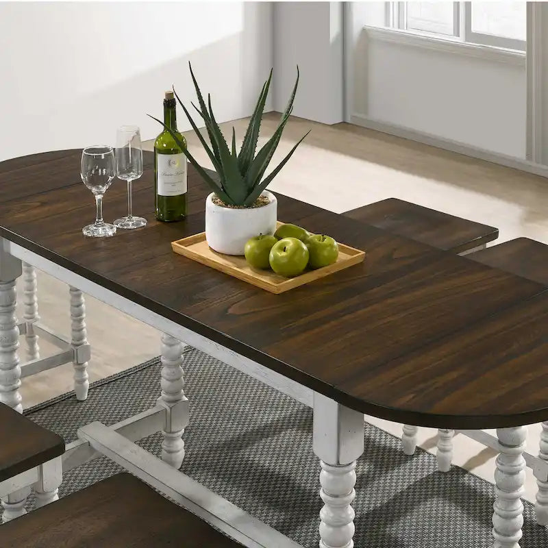 Table à hauteur de comptoir en noyer foncé avec abattant et pieds tournés, blanc antique