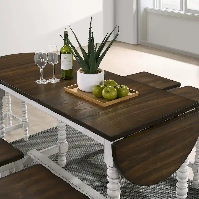 Table à hauteur de comptoir en noyer foncé avec abattant et pieds tournés, blanc antique