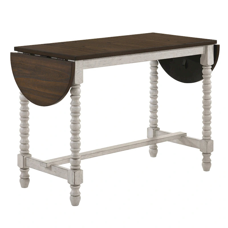 Table à hauteur de comptoir en noyer foncé avec abattant et pieds tournés, blanc antique