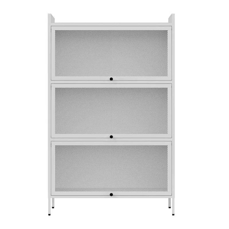 Meuble de rangement 3 niveaux en maille métallique blanche avec portes escamotables relevables