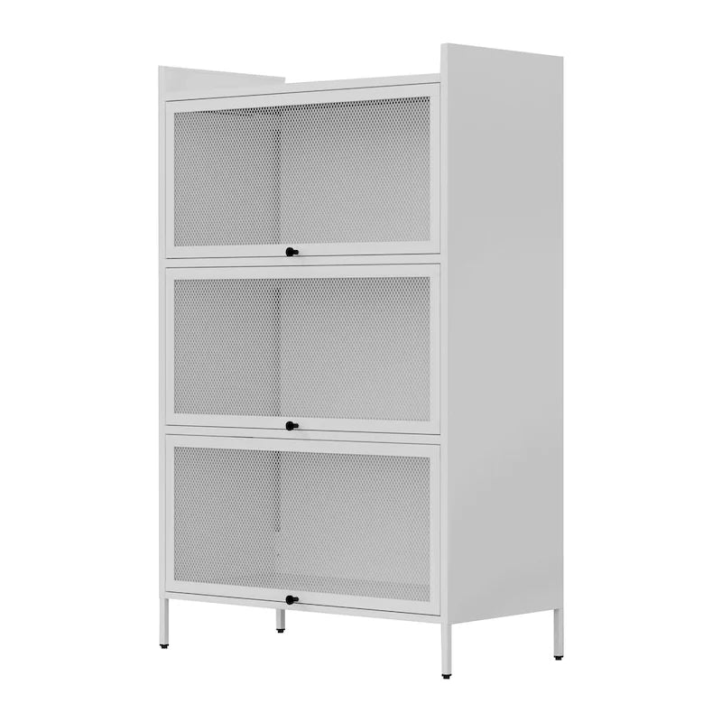 Meuble de rangement 3 niveaux en maille métallique blanche avec portes escamotables relevables
