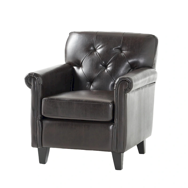 Fauteuil club capitonné en similicuir marron avec assise rembourrée
