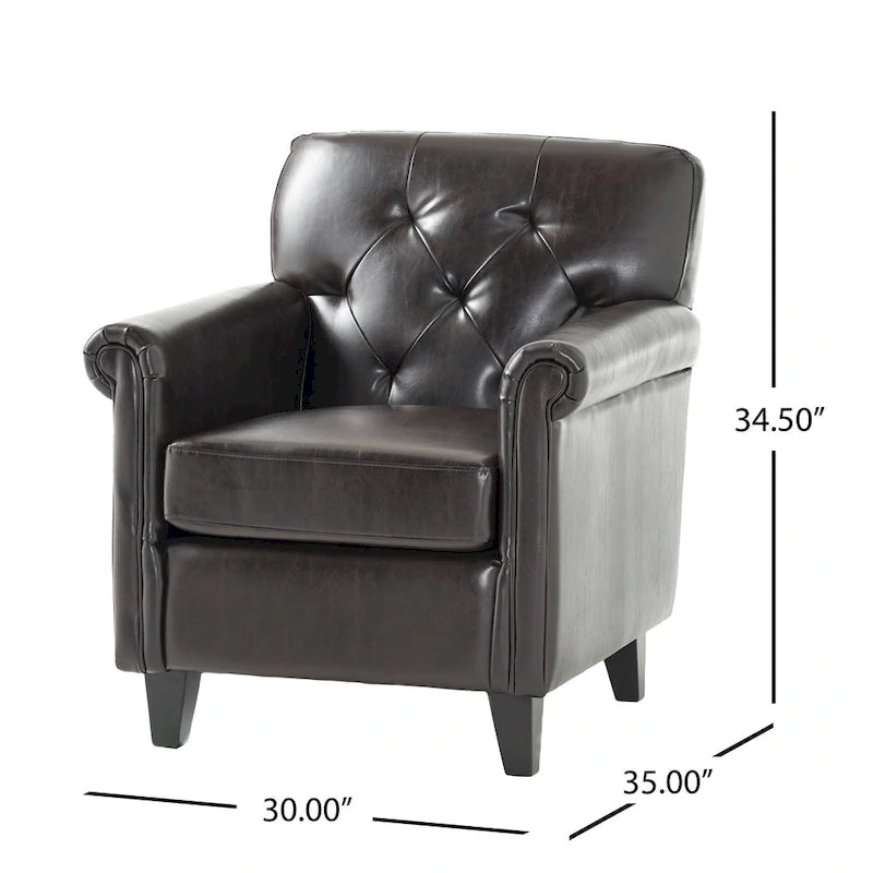 Fauteuil club capitonné en similicuir marron avec assise rembourrée