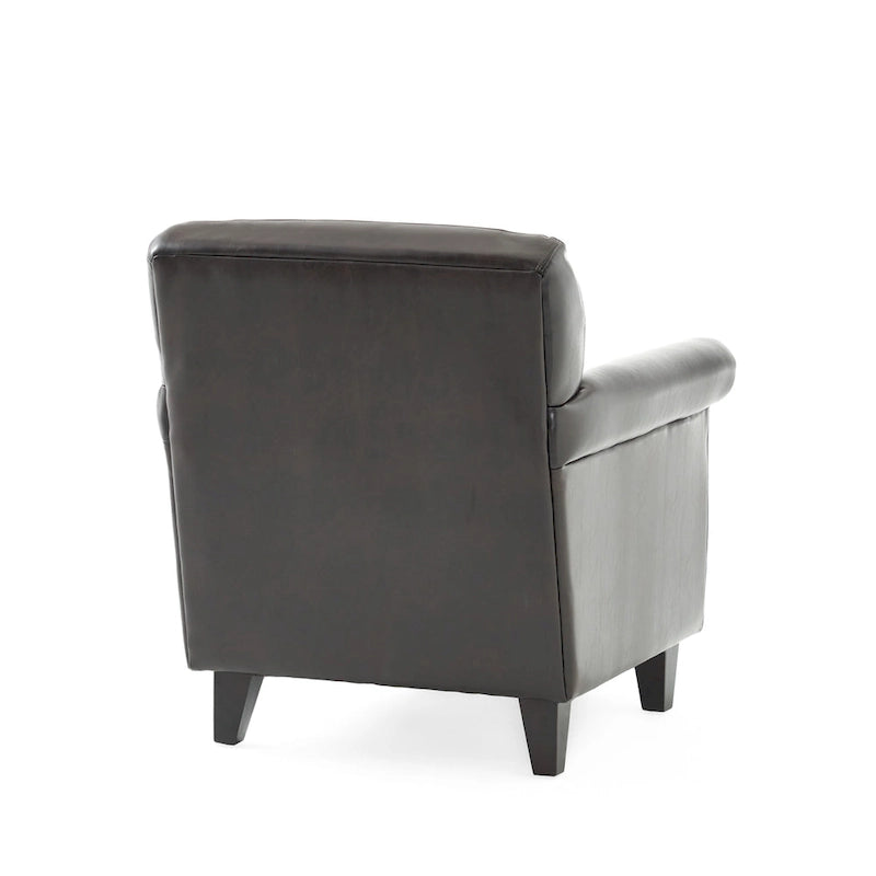 Fauteuil club capitonné en similicuir marron avec assise rembourrée