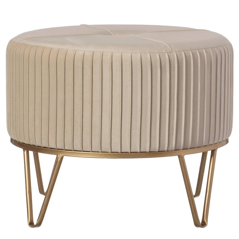 Pouffe rond en velours plissé avec pieds épingle dorés Crème Rose Noir