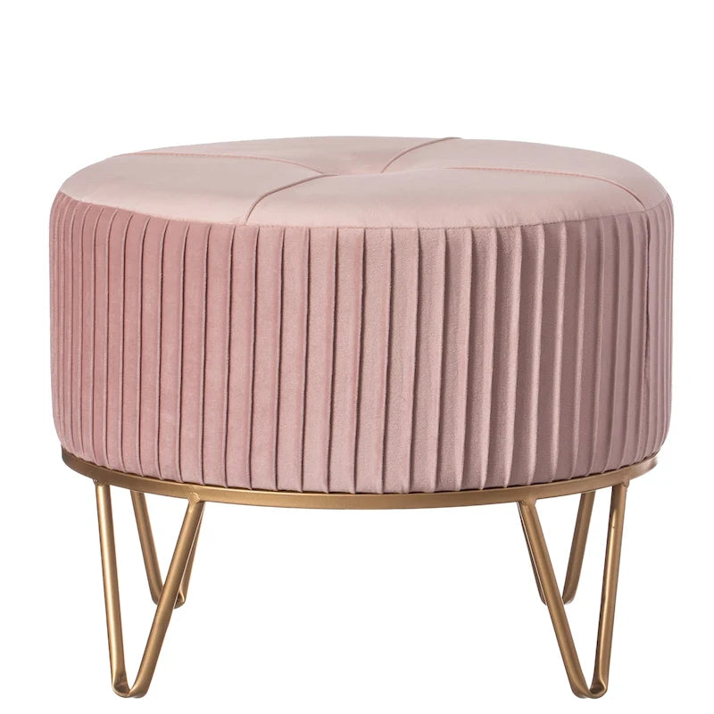 Pouffe rond en velours plissé avec pieds épingle dorés Crème Rose Noir