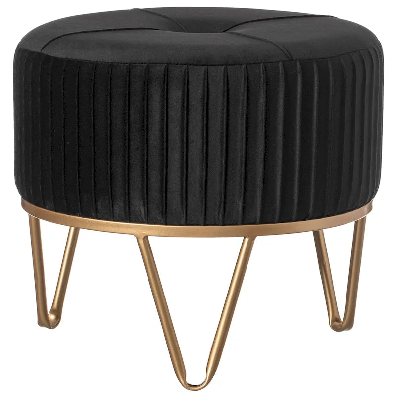 Pouffe rond en velours plissé avec pieds épingle dorés Crème Rose Noir