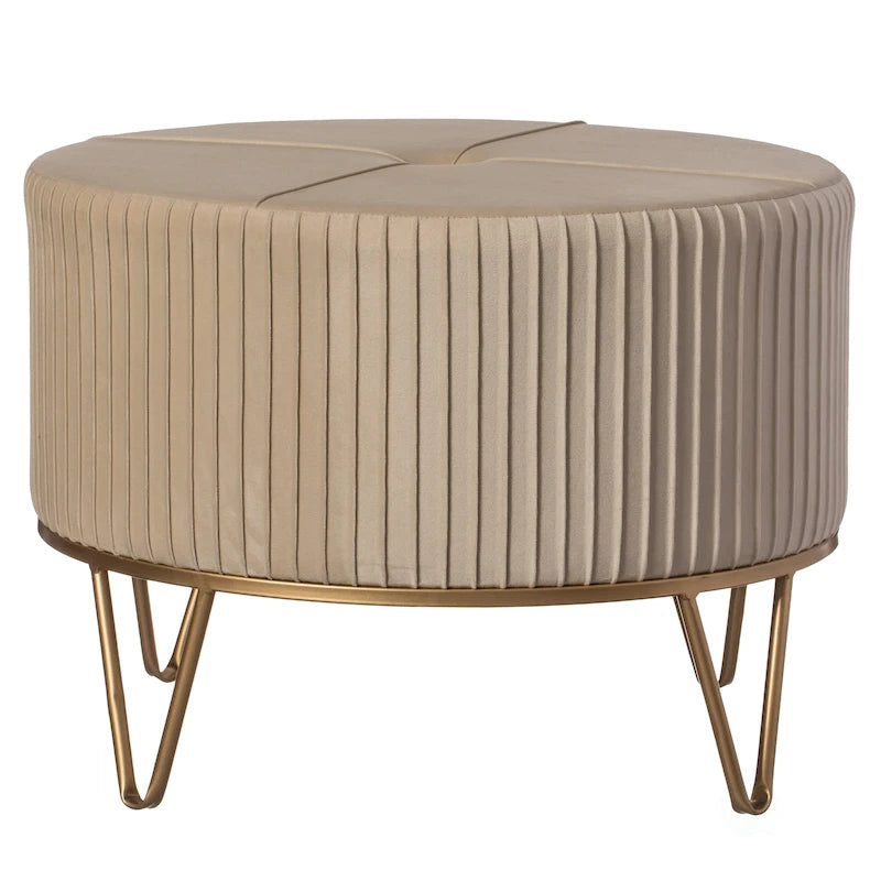 Pouffe rond en velours plissé avec pieds épingle dorés Crème Rose Noir