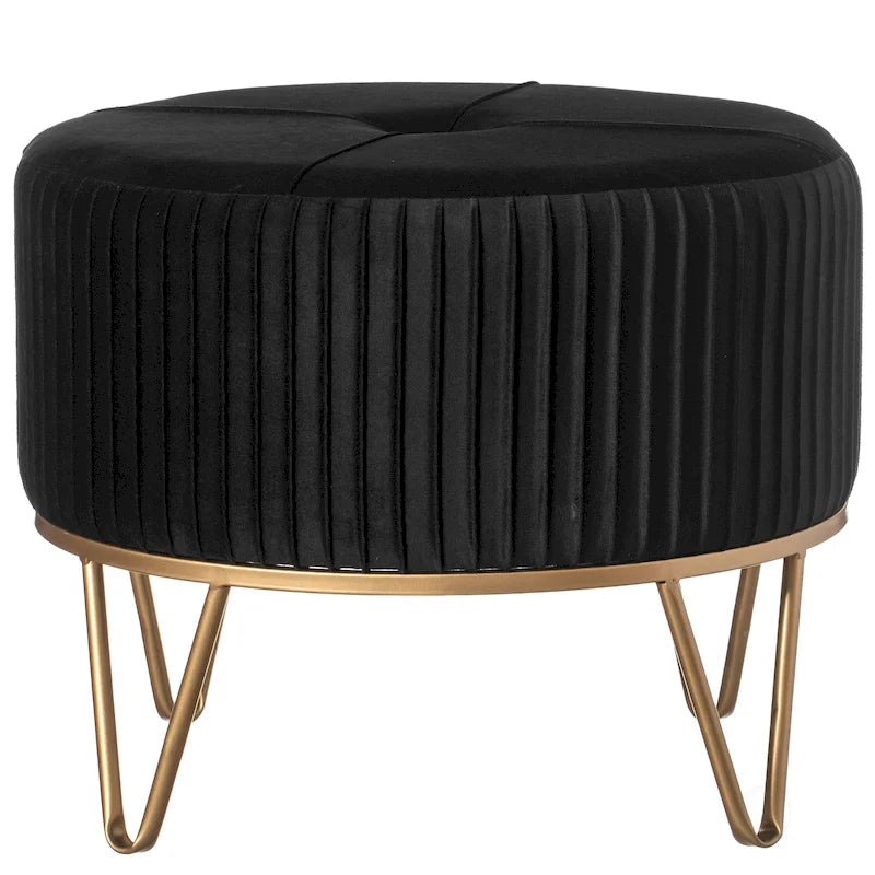 Pouffe rond en velours plissé avec pieds épingle dorés Crème Rose Noir