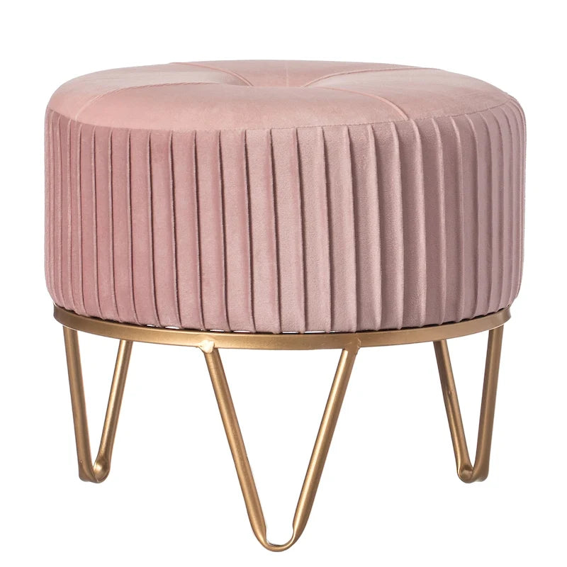 Pouffe rond en velours plissé avec pieds épingle dorés Crème Rose Noir